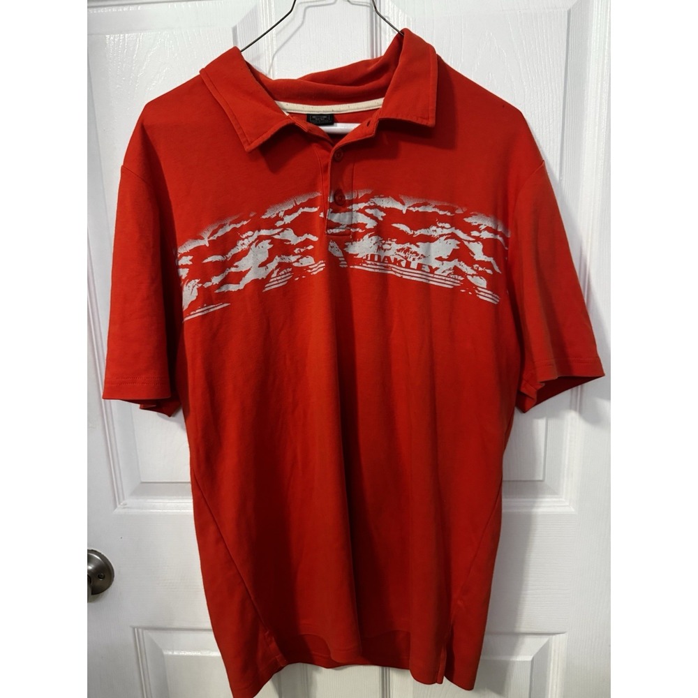 Vintage Y2K Oakley Men's M Orange Mountain Graphic Polo Shirt Skate Surf